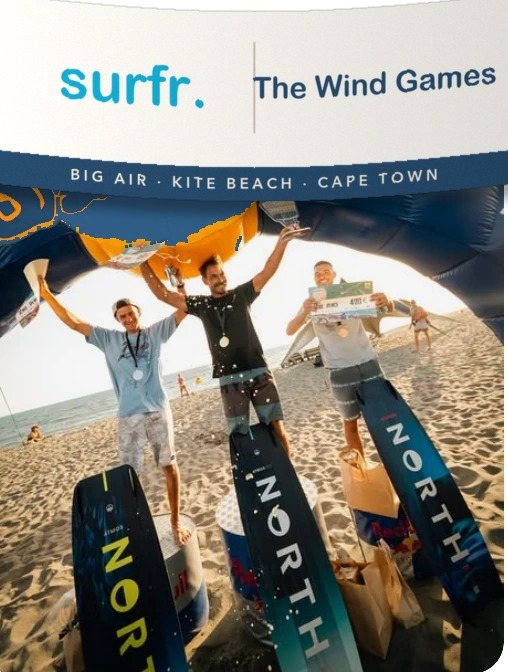 Three winners on the beach holding trophies beneath a SURFR and The Wind Games banner